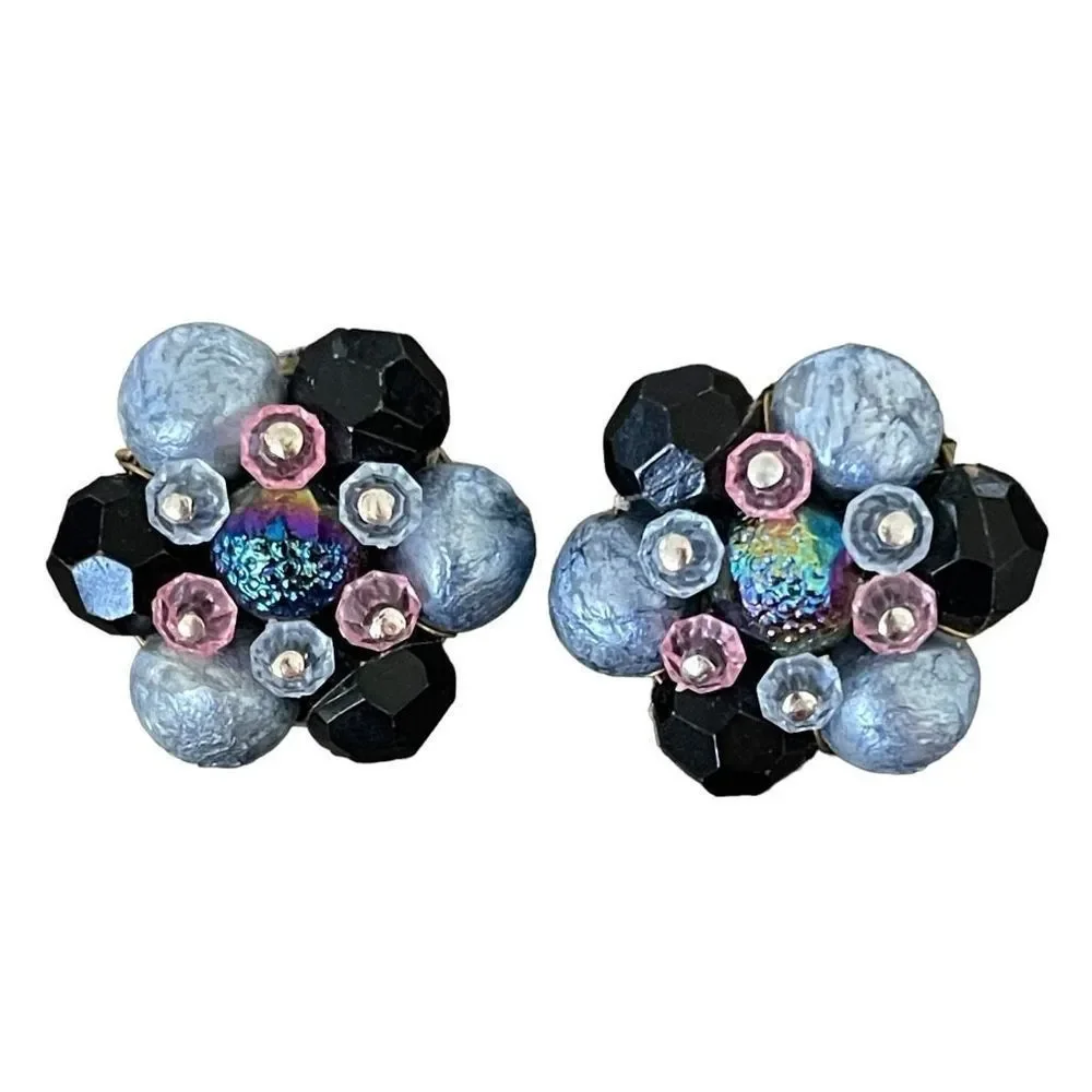 Western Germany Vintage Estate Signed Blue Black Pink Beaded Clip On Earrings